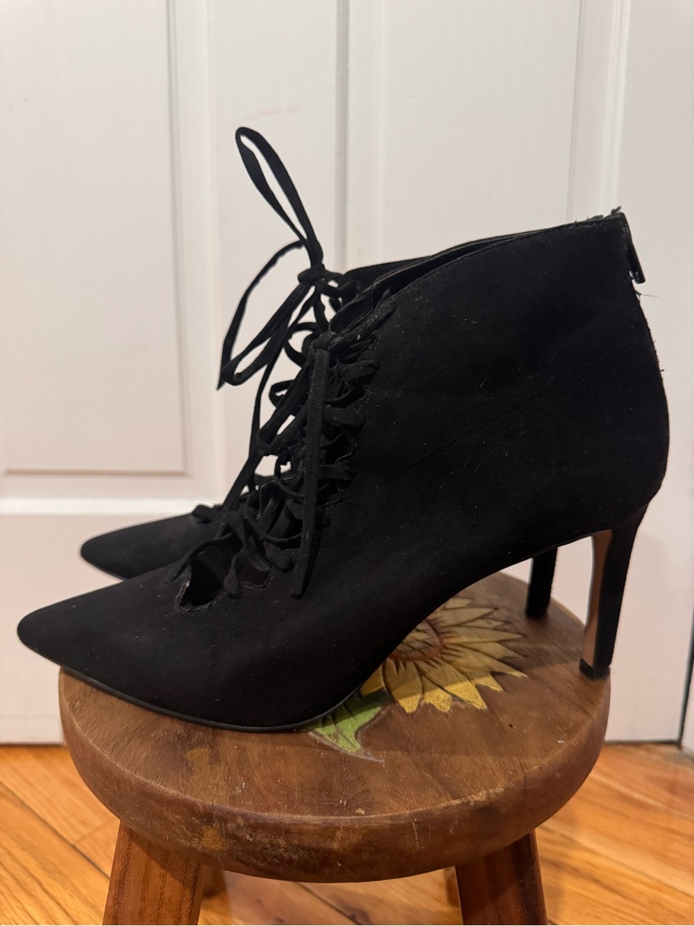 Mango Black Lace-Up Pointed Heel Ankle Boots